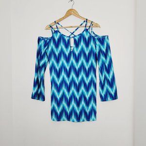 La Blanca Cover Up Womens Blue Chevron Stripe Swimsuit Tunic Shoulder Stretch S